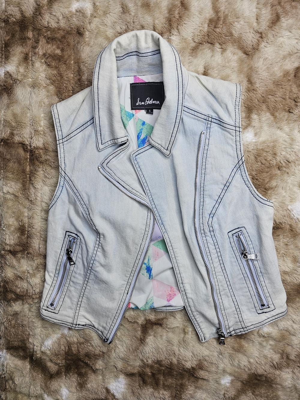 Sam Edelman Light Wash Denim Moto Vest - Pale Blue